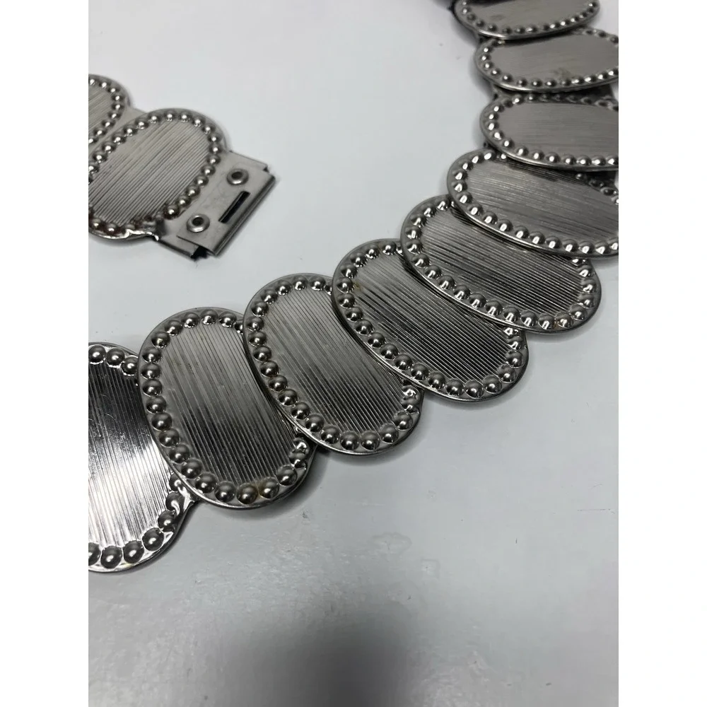 Vintage Silver Tone Metal & Black Elastic Stretch Textured Oval Medallions 2XL